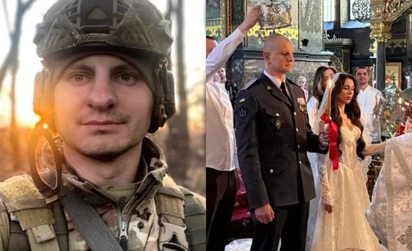 Євген Карась у військовій формі та Катерина Шведенко у білій мереживній сукні з довгою фатою під час вінчання; фото з